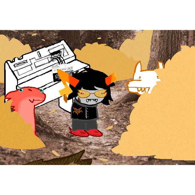 trollsona - bronze-blood in a sweater with one z-shaped horn and one broken-off one. wearing glasses that look like leaves and weird shoes. a lizard-thing is next to him and also a sprite. gif with multiple frames of silly nonsense