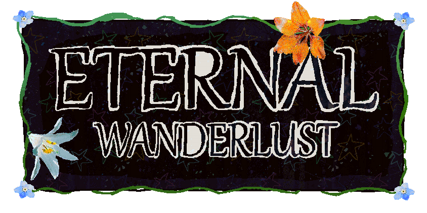 Logo picture saying ETERNAL WANDERLUST, background of dark trees and stars and a border wreathed with green vines with real plant photos