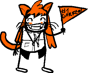 Orange-haired cat creature. Looks kind of insane and is holding a GARFIELD FAN flag.