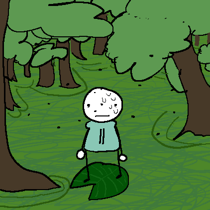 Main character floating away on a lilypad in a swamp.