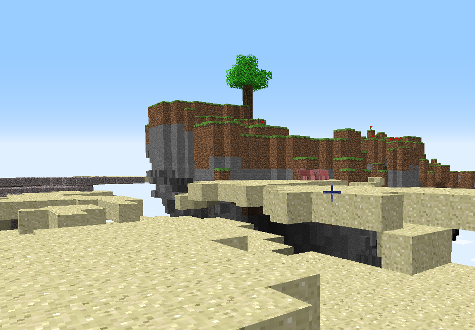 Screenshot of Indev minecraft. A floating island with bright green grass and stone.