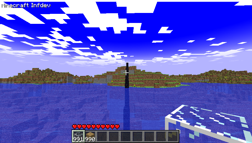 Very old infdev minecraft. Pure blue sky with stark white clouds, basic terrain, and a huge glass crossroads.