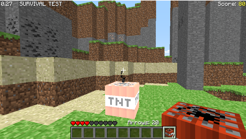 Screenshot of Survival Test, there are small cliffs and a detonating TNT.