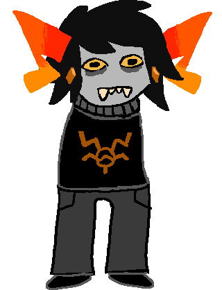 My trollsona (from homestuck), a bronze-blooded troll wearing a sweater, with Z-shaped horns (and earrings.)