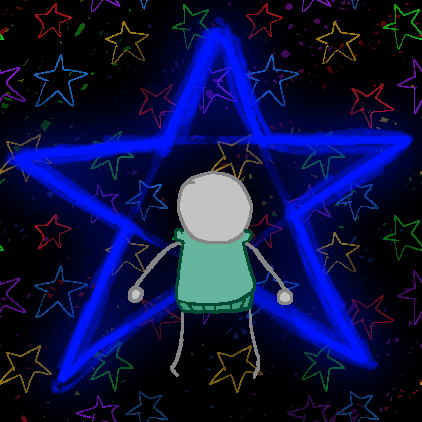 Yewe floating in darkness with glowing star shapes around them. In front of them is a massive blue star.